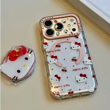 ins日韓 甜美少女 KT貓 iPhone17 16 15 14 Pro max 二合一防摔手機殼 紅櫻桃 旋轉磁吸支架