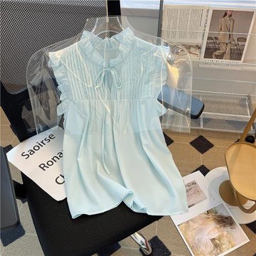 法式甜美木耳邊飛飛袖短袖襯衫女夏季寬松娃娃小衫設計感小眾上衣