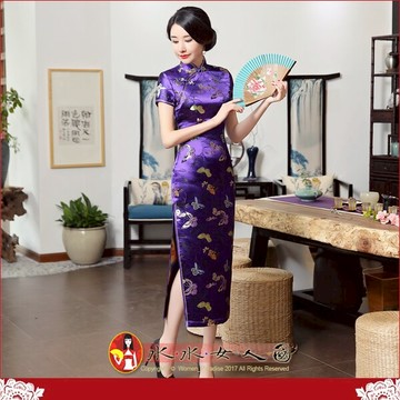 氣質蝴蝶長旗袍 紫藍色復古中國風 旗袍趴 唐裝長版旗袍 婚禮喜宴 演出服 改良旗袍長洋裝 六色可選-水水女人國