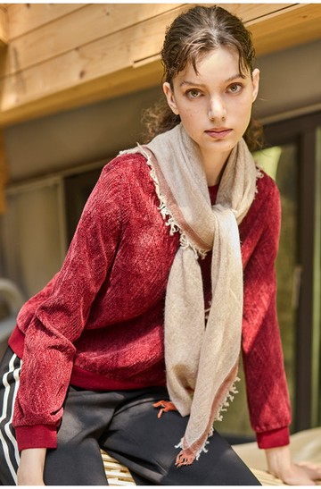 圓領植絨拼接羅紋針織衫