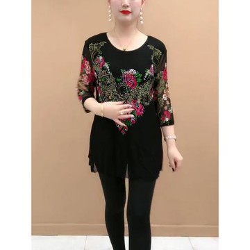 民族風鑲鉆套頭花色上衣女薄款小衫中老年媽媽裝夏季七分袖T恤衫