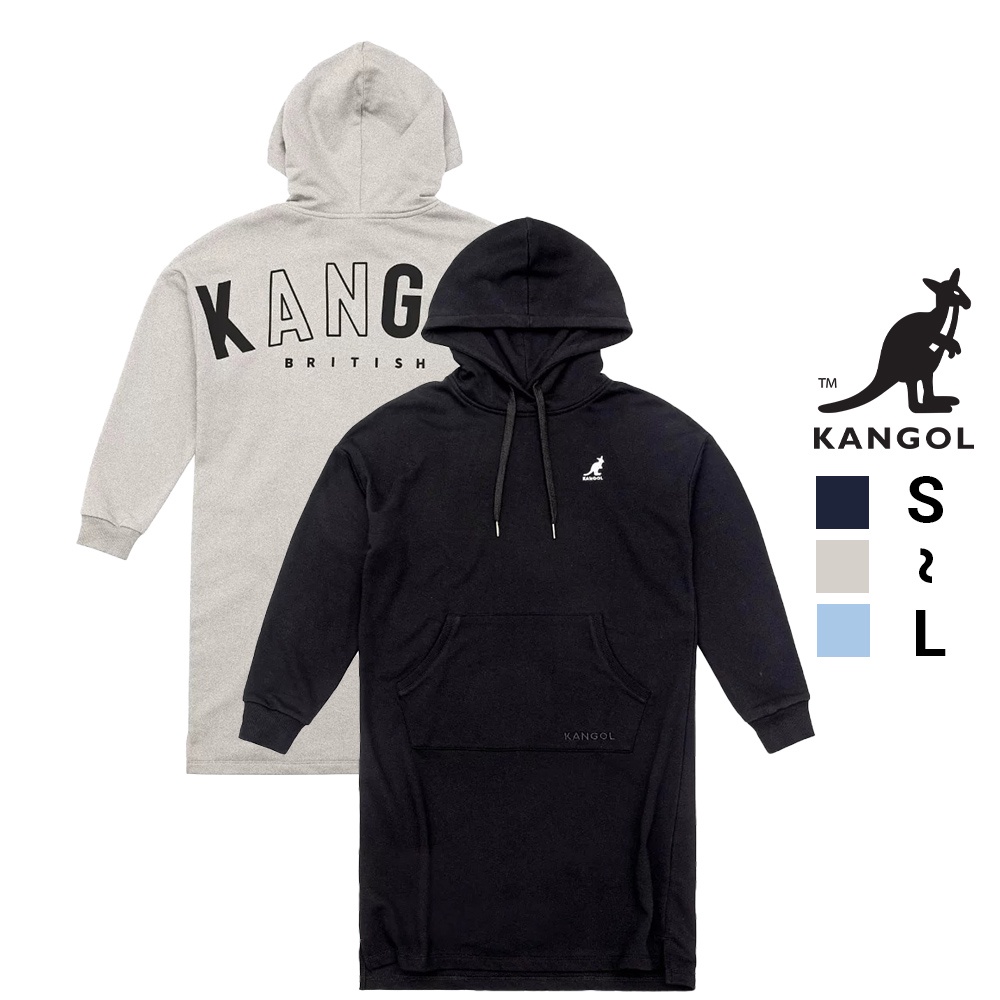 KANGOL 英國袋鼠 女版大LOGO連帽長裙 灰色/黑色/藍色 女款 女生上衣 長袖上衣 長版 帽T AAstore