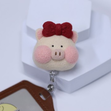 蝴蝶結 豬豬 頭部 識別證 伸縮扣 證件扣 羊毛氈