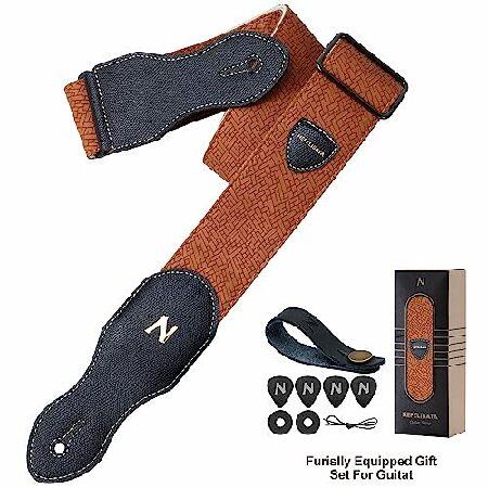 Nefelibata Guitar Strap with Pick Pocket, 2.3 inch Leather Weave Guitar Straps with Black Leather Ends,60s Vintage Style（Tan）