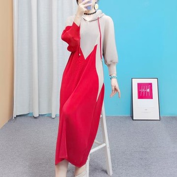 一人一褶L025三宅壓皺2025春季連帽連衣裙中長款大碼遮肉撞色拼接
