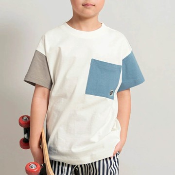 日本 BRANSHES - 純棉簡約大口袋短袖上衣-撞色-藍x白