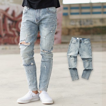 【NB1459J】破壞感抽鬚破洞微刷色合身牛仔褲(MW-YC9190)