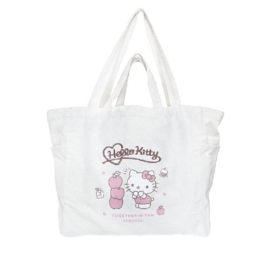 小禮堂 Hello Kitty 摺疊帆布肩背袋 (米蘋果身高款) 4710243-596999