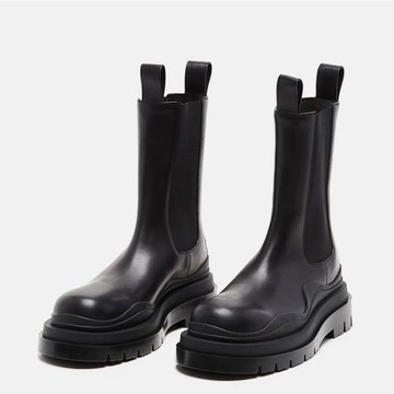 秋冬新款海鹽白波浪底咖啡色真皮短靴長馬丁靴大碼煙筒套腳