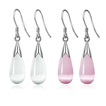 I.Dear飾品-正白K-似水柔情-垂式晶透貓眼石水滴垂墜耳環DB29