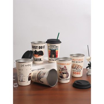 個性創意隨手杯帶蓋咖啡杯防摔單層不銹鋼ins高顏值可愛貓咪杯子