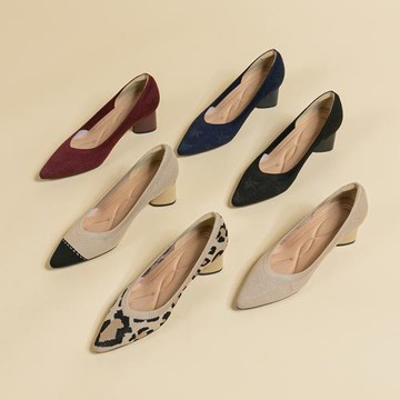 豹紋針織單鞋粗跟女鞋2025新款尖頭舒適飛織王妃鞋中跟復古編織鞋