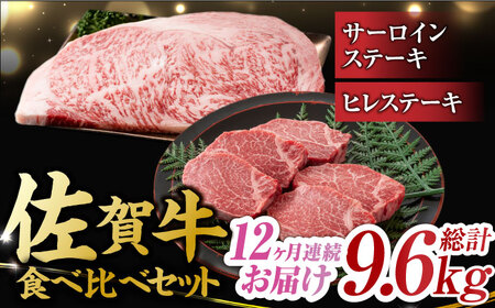 佐賀牛 ヒレステーキ＆サーロインステーキ 食べ比べ セット 計9.6kg  (ヒレ150g・サーロイン250g×各2枚×12回) 吉野ヶ里町[FDB038]