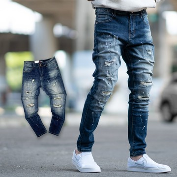 【NB1551J】深藍刷色潑漆無破補丁合身版牛仔褲(MW5030)