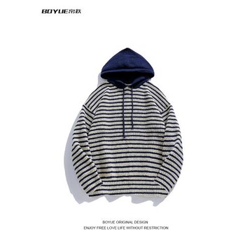 BOYUE帛躍條紋連帽毛衣秋季日系學生青少年休閑日常百搭線衣男女