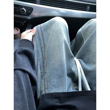 不易變形~夏季薄款牛仔褲三條槓男士抽繩直筒潮流高街顯瘦顯高百搭褲子 寬鬆 百搭 牛仔長褲 韓版褲子 男生長褲 休閒褲男