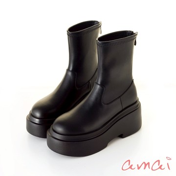 amai 百搭極輕量彈力厚底短靴 短靴 短筒靴 厚底靴 切爾西靴 厚底 時尚 韓版 英倫風 大尺碼 黑色 GB838BK
