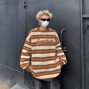 美式復古秋冬季字母圓領毛衣男 慵懶風高級感潮牌情侶裝針織衫外套