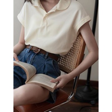 設計感小眾polo領短袖T恤女夏2022新款法式復古別致翻領連袖上衣