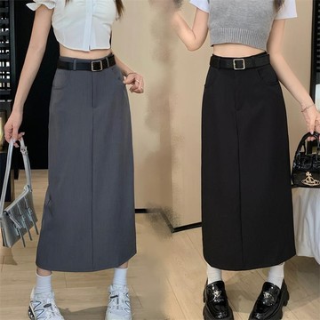 FUXI 灰色西裝長裙女 高腰顯瘦半身裙 中長裙 學院風A字裙 女生裙子 西裝裙 辣妹長裙