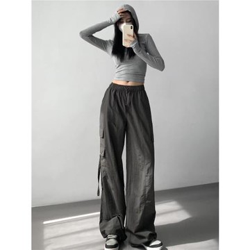 深灰色甜酷辣妹高腰直筒工裝褲女2025設計感顯瘦束腳休閑闊腿長褲