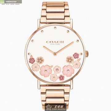 COACH手錶，編號CH00202，36mm玫瑰金圓形精鋼錶殼，白色中二針顯示， 山茶花錶面，玫瑰金色精鋼錶帶款_廠商直送