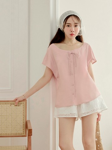 兩穿式抽繩圓領排釦短袖上衣