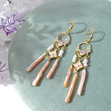 稀有巴洛克珍珠 粉珍珠流蘇 時尚 招財 桃花 耳環 禮物 收藏 獨家