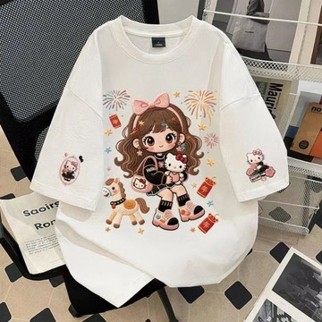 佰分佰/100kg內可穿 大尺碼女裝 夏天穿搭 仿刺繡 純棉短袖t恤 新款 美式 印花上衣 顯瘦上衣 洋氣 可愛女孩