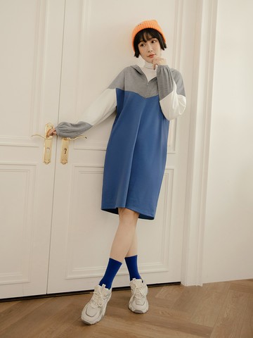 率性配色拼接半開襟長袖傘襬洋裝