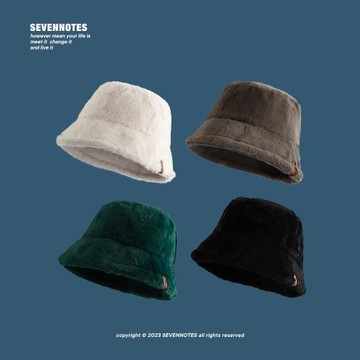 SEVENNOTES純色貼標加厚毛絨保暖羊羔毛漁夫帽男女秋冬季毛絨盆帽