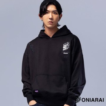 鬼洗 BLUE WAY – 都市遊俠幾何文字寬鬆連帽長TEE(黑)