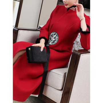 旗袍秋冬款毛呢子外套女裝復古唐裝女漢服繡花國潮中式中國風大衣