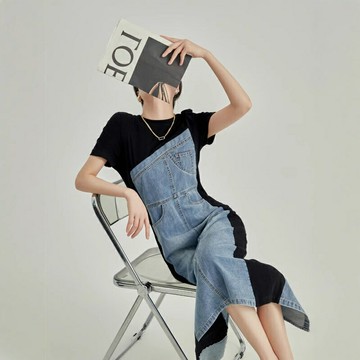 現貨秒發 連身裙短袖洋裝-牛仔拼接收腰中長款女裙子74km53【獨家進口】【米蘭精品】