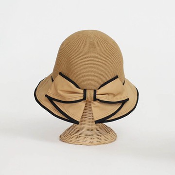 日本 AUBE - 滾邊蝴蝶結造型編織草帽-摩卡棕