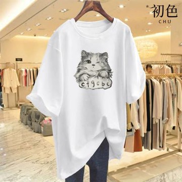 初色 休閒寬鬆長毛灰色貓印花圓領短袖T恤上衣女上衣-共8色-11579(M-3XL可選)
