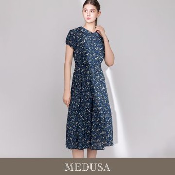 現貨【MEDUSA 曼度莎】小圓領氣質深藍碎花洋裝（M-XL）｜碎花洋裝 女休閒洋裝 雪紡洋裝