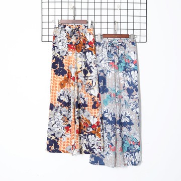 秋季新款女裝復古花卉印花休閑褲松緊高腰系帶顯瘦闊腿褲