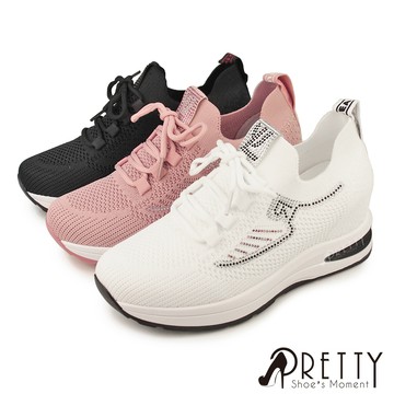 【Pretty】水鑽字母針織襪套式綁帶內增高厚底休閒鞋BA-20003