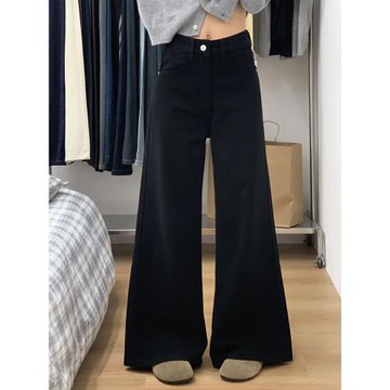 闊腿A版加絨牛仔褲女大碼黑色不貼腿喇叭褲高腰顯瘦梨形身材褲子