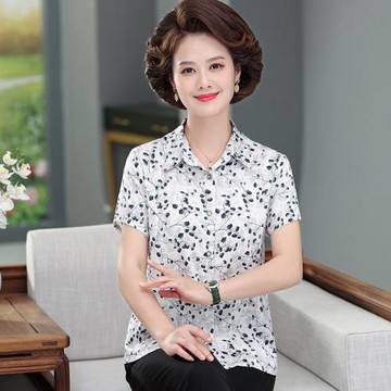 媽媽裝翻領真絲襯衣女洋氣闊太太印花薄款襯衫中老年夏裝寬松開衫
