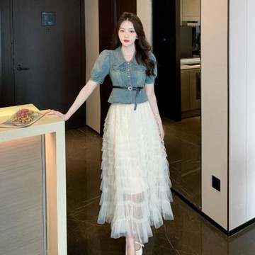 小香風時尚套裝泡泡袖牛仔上衣半身裙兩件套女夏季網紗蛋糕連衣裙