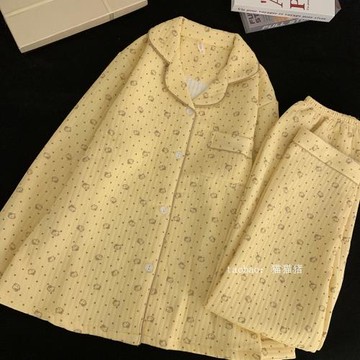 卡通小貓KT圓點純棉睡衣女秋冬空氣棉加厚寬松長袖套裝夾層家居服