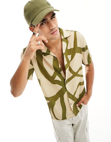 River Island geo print shirt in khaki-Green