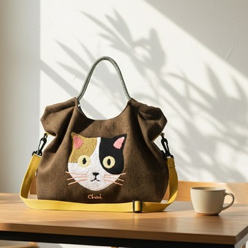 日系復古毛呢貓咪刺繡兩用包 深棕