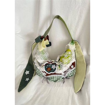 青蘋果子餃子包兔耳朵包包拼接帆布包蕾絲撞色蝴蝶結單肩斜挎包