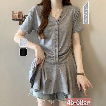 V領純色排釦皺褶拼接不規則上衣(2色) L-3XL【635524X】【現+預】☆流行前線☆