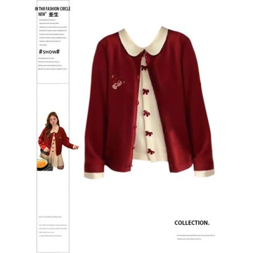 重生微胖MM紅色圣誕節穿搭針織開衫女秋冬季新款慵懶風蝴蝶結上衣