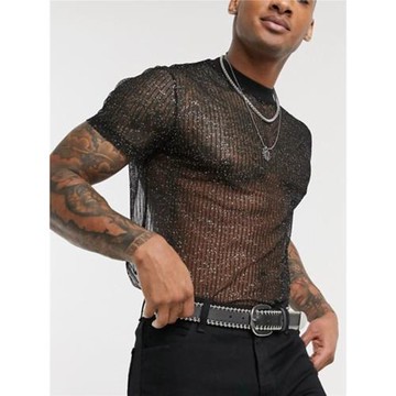 Men's T-shirts男士透視薄款透氣夜店派對打底衫網紗性感T恤短袖