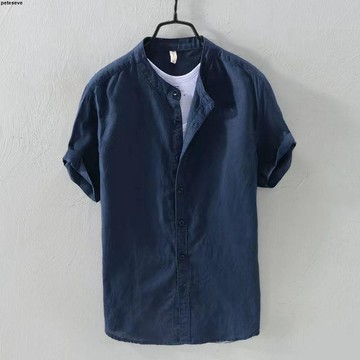 【商務休閒亞麻襯衫】男裝 亞麻襯衫男 短袖襯衫男 夏季薄款 立領 寬鬆 棉麻白襯衣 男士小清新 休閒寸衫 亞麻短袖 sh